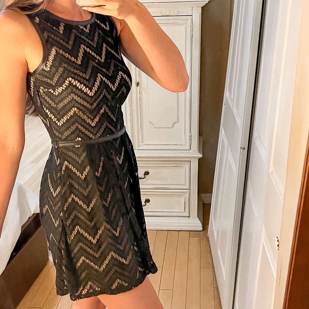 Black and Tan Lace Fit and Flare Dress
